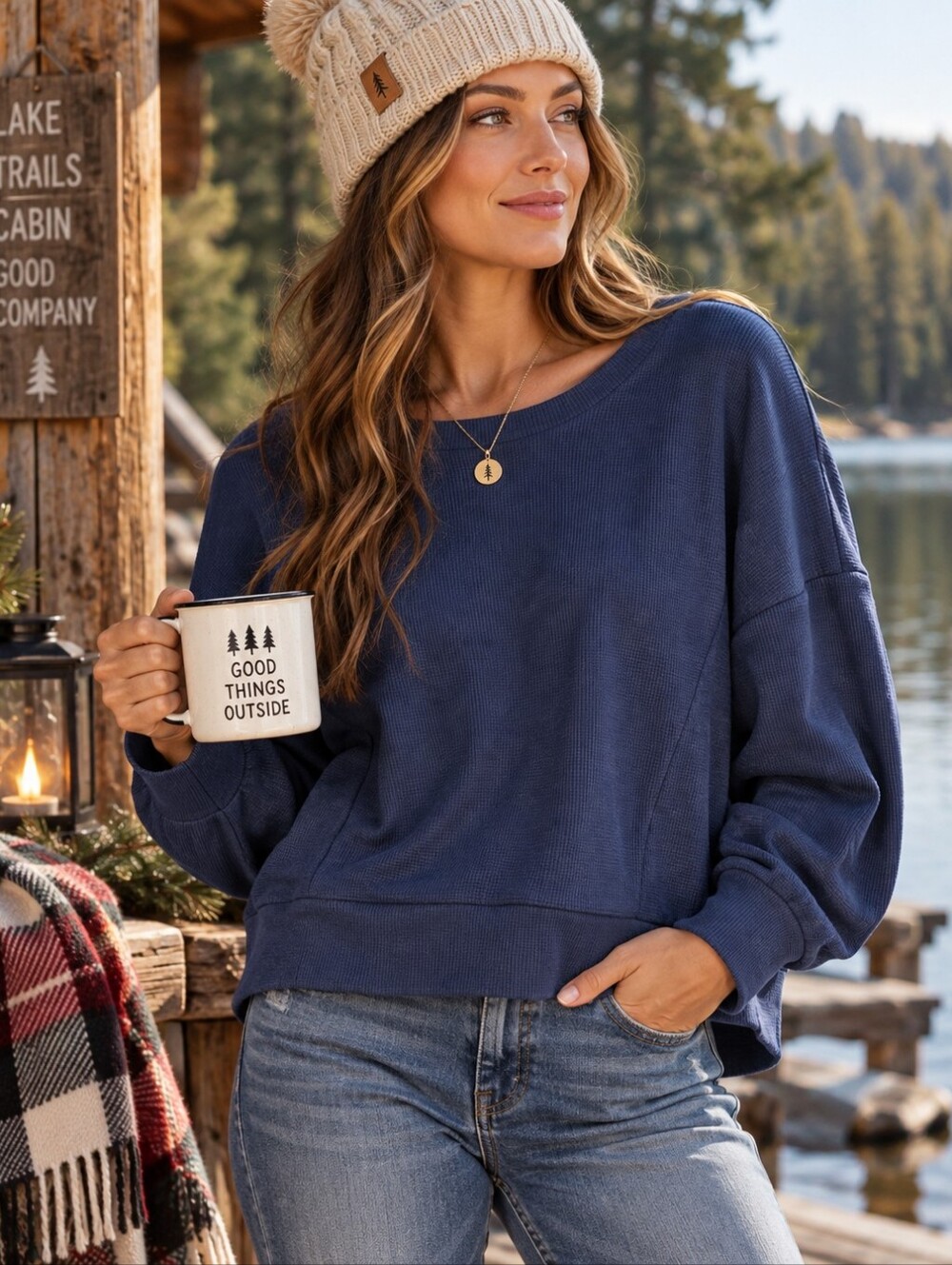 NWT Olive + Oak Coastal Navy Oversized Waffle Knit Pullover – XL